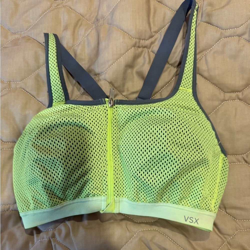 Women's Victoria Secret VSX Gray & Lime Green Sz 34D Sports Bra Zipper Mesh